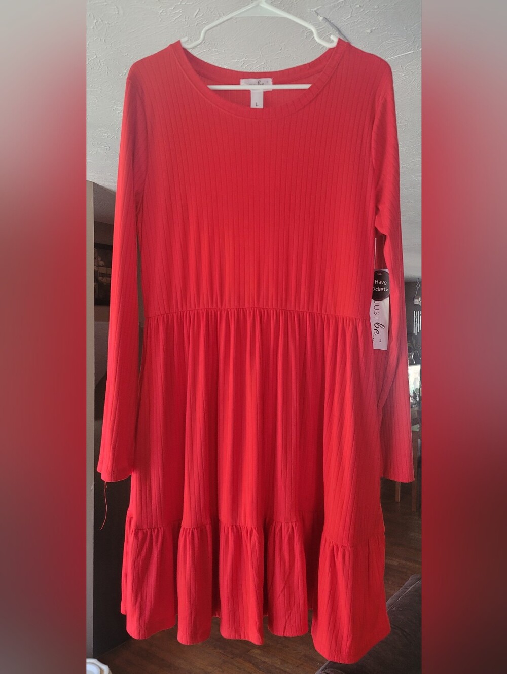 just be Red Ribbed Long-Sleeve Tiered Tunic Dress With Pockets
